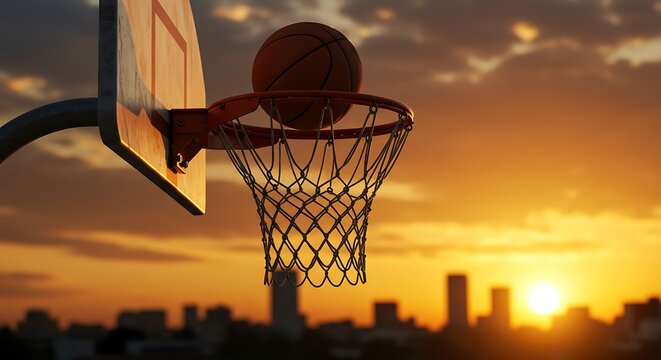 Basketball hoop with ball about to score against a sunset cityscape - Powered by Adobe