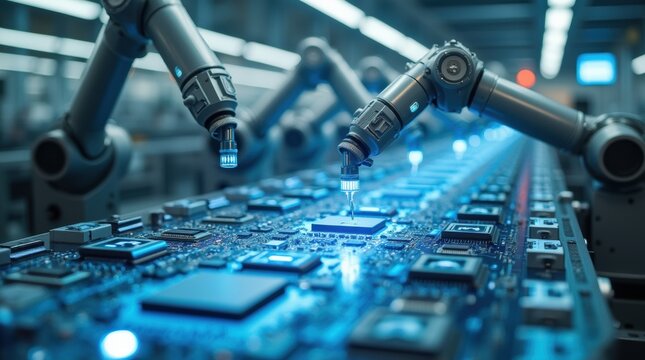 Multiple robotic arms work on a futuristic assembly line manufacturing microchips in a bright factory.
