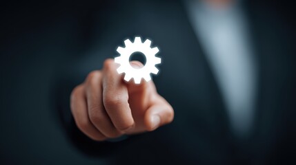 Businessman Interacting with Virtual Gear Icon for Technology Concept