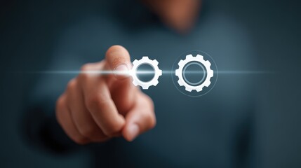 Businessman Interacting with Virtual Gears for Technology Concept