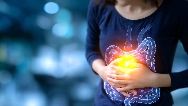 Close-up of woman&rsquo;s torso, highlighted stomach region emits fiery glow, illustrating intense heartburn; stylized medical backdrop with digestive system overlay in translucent layer