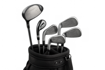 Gleaming golf clubs nestled in black carrier, arranged against transparent surface, representing diverse range of golfing equipment