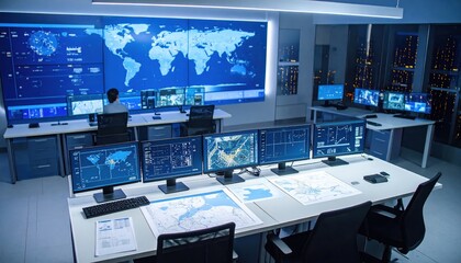 High-tech control room with multiple screens displaying global maps and data analytics