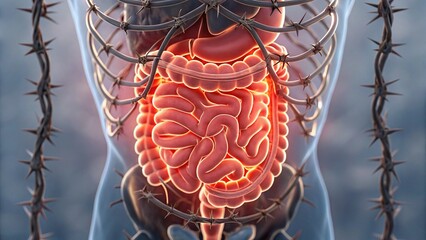 A dramatic 3D rendering of the human intestines, depicted as inflamed and surrounded by sharp, glowing thorns, powerfully illustrating severe digestive pain, irritable bowel syndrome (IBS)