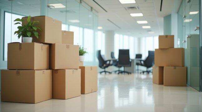 Cardboard boxes are stacked in a modern office hallway during a business relocation or move.
