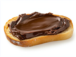 Slice of toasted bread with chocolate spread on white background