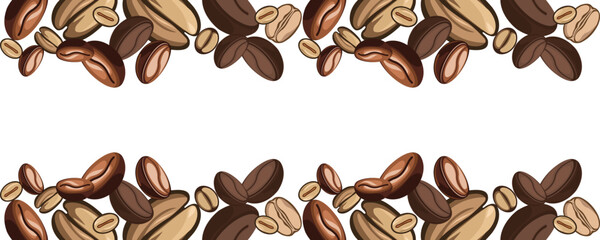 Colorful vector illustration of roasted and raw coffee beans forming a double border on a white background. This seamless design is perfect for coffee shop branding, packaging, advertising, social med