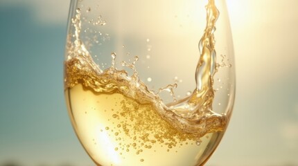 Extreme closeup of swirling white wine in a glass, creating a vortex against a bright, sunlit background.
