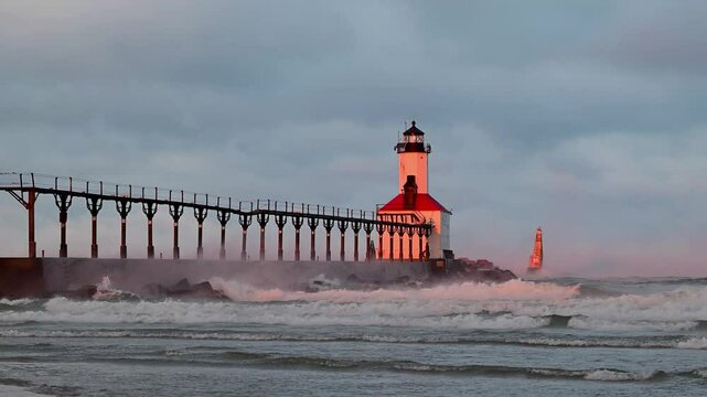 Video of first light at dawn striking the Michigan City, Indiana lighthouse with winter steam rising from Lake Michigan of the Great Lakes. 