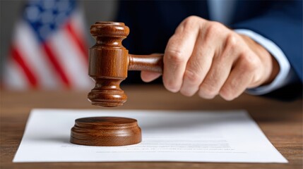 Judge's Gavel Hitting Sound Block in Courtroom with US Flag Background