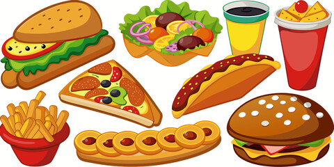 A vector illustration set of fast food icons featuring classic meals like burgers, pizza, hotdogs, and sandwiches