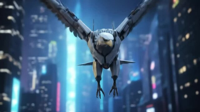 Robotic eagle flying cityscape; night; futuristic