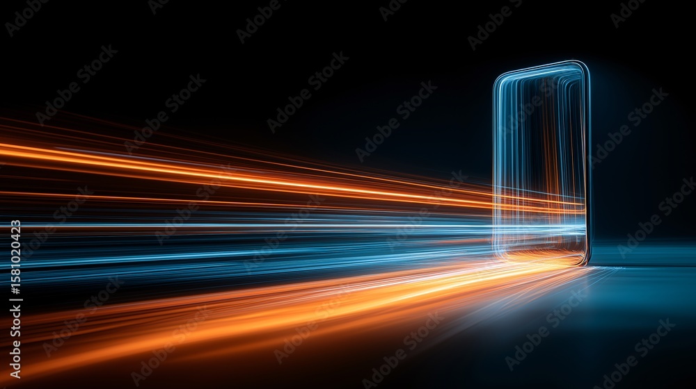 Poster abstract glowing phone with light trails streaking across the dark background. the phone appears to 