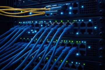 A network server rack with many blue and yellow ethernet cables plugged in