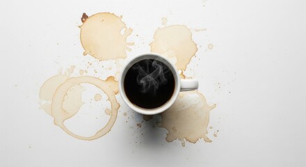 Steaming Coffee Cup Surrounded By Coffee Stains Overhead