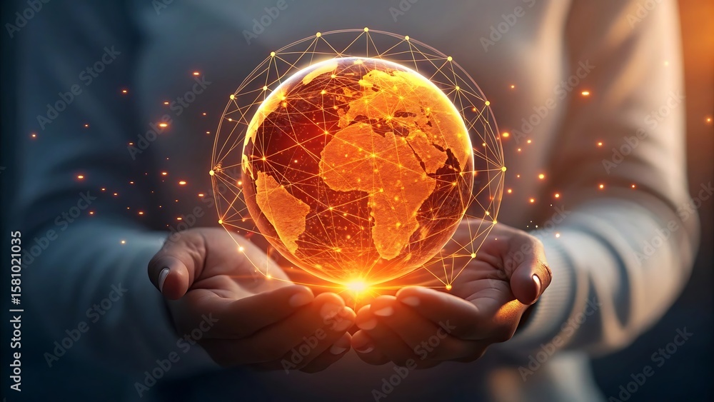 Poster hands gently cradle a glowing digital globe connected by a network of luminous lines and nodes repre