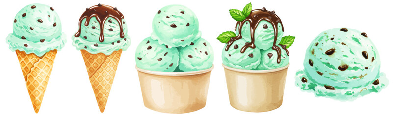 チョコミントアイスクリームの水彩ベクターイラストセット コーンアイス/ カップアイス © DROP DESIGN STUDIO