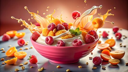 Delicious yogurt bowl overflowing with fresh raspberries and oranges with a splash