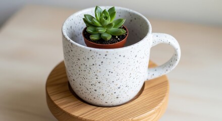 Succulent Plant in a Mug on Wooden Surface