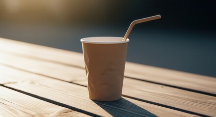 A Paper Coffee Cup With Straw On Wooden Table