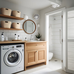 Modern Laundry Room With Beige Decor and Wooden Shelving
