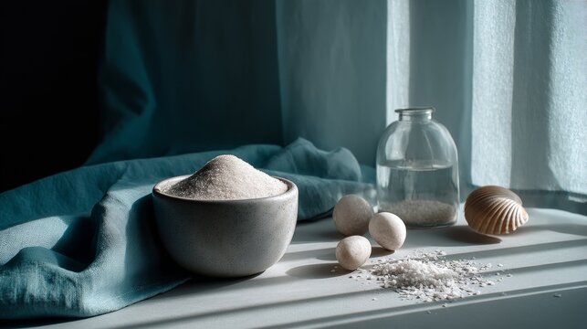 Baking ingredients and kitchen tools on rustic table with soft curtain light for culinary lifestyle photography background composition scene