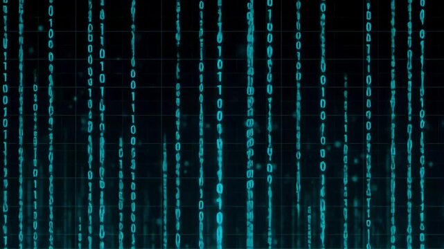 Teal digital code streams falling on dark grid