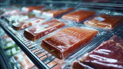 Vacuum packed meat products in commercial freezer for grocery food packaging product photography preservation scene