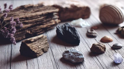 Handdoek met foto Meisjeskamer Natural herbs and crystals on wooden table for spiritual aromatherapy nature inspired photography healing scene  © Juan