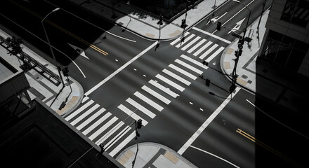 A high angle shot of a city intersection highlighting pedestrian crossings and road markings