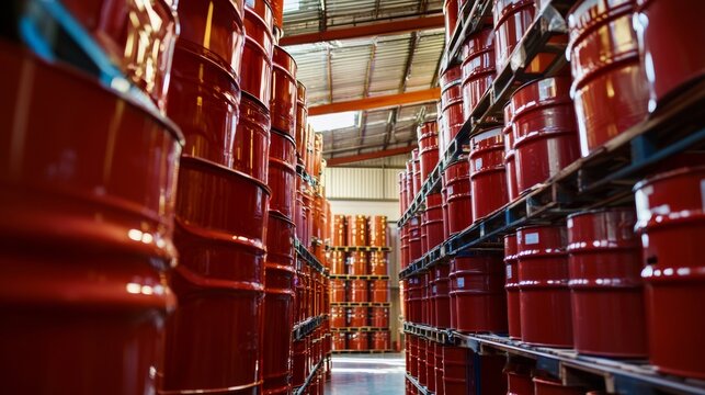 Red oil barrels in industrial warehouse with symmetrical composition for logistics storage photography energy scene - Powered by Adobe