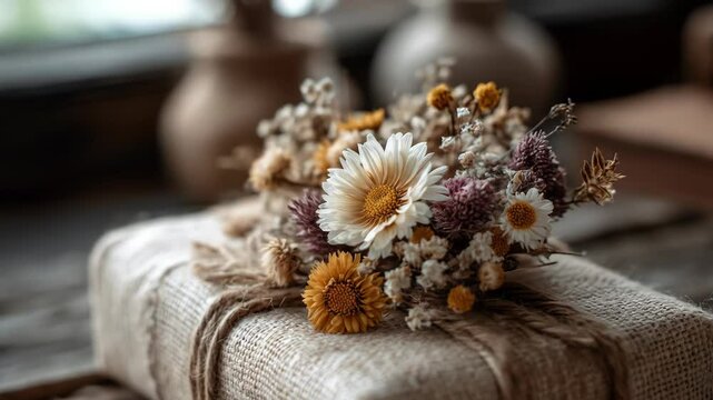 Gift wrapped with burlap and flowers, sitting on a wood table.