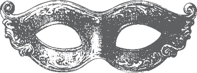 Venetian mask with ornate detail in vintage engraving style. Black and white Italian costume vector illustration.