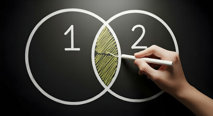 Venn diagram on blackboard. Business man drawing two circles.