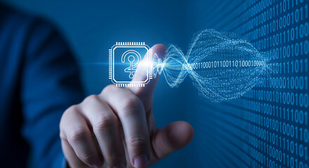 Fingertip interacts with digital binary code, showcasing a microchip icon symbolizing technological innovation and data processing