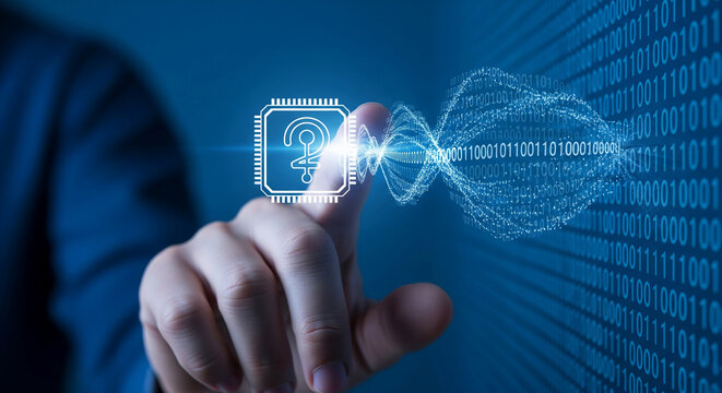 Fingertip interacts with digital binary code, showcasing a microchip icon symbolizing technological innovation and data processing