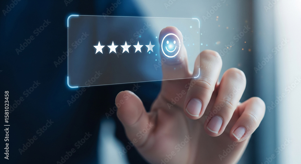 Poster hand interacting with a transparent digital interface displaying five stars and a smiling face, repr