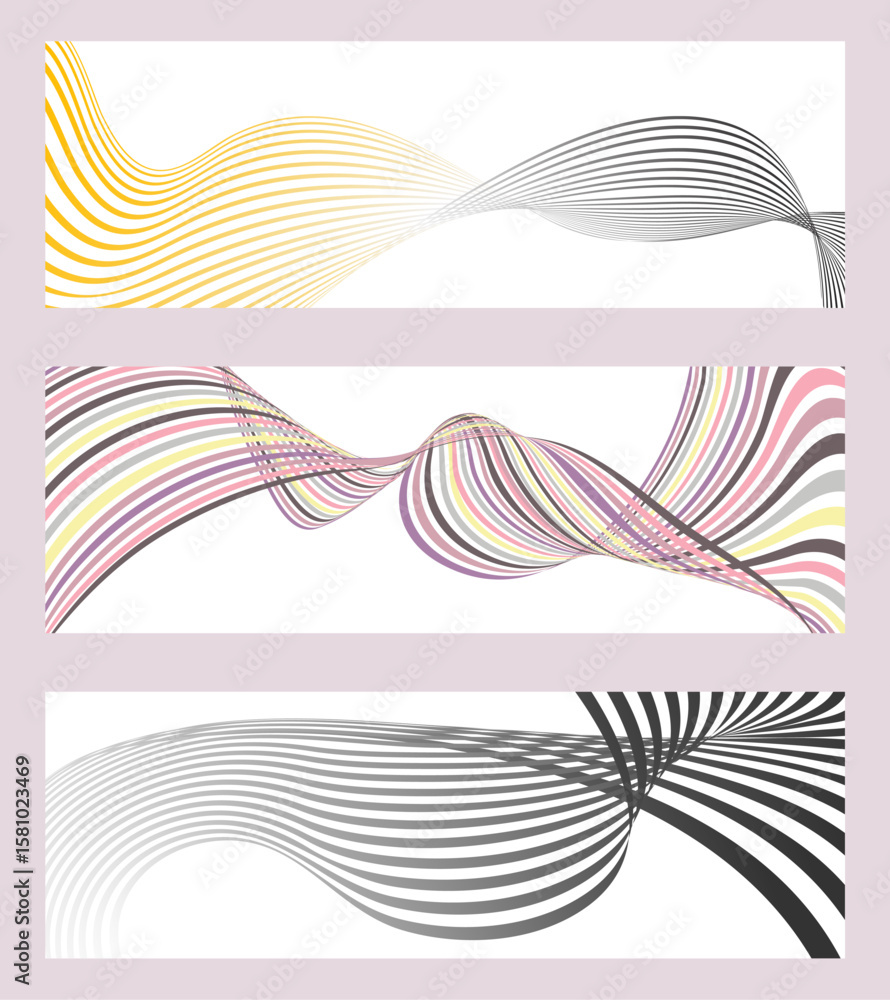 Poster wavy lines or ribbons. set of 3 backgrounds. multicolored striped gradient. creative unusual backgro