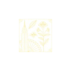 Gold art deco panel and border with ornament on white background
