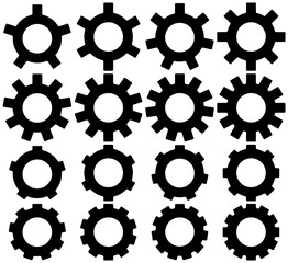 Set of 16 isolated simple flat gears with 5 to 12 teeth. Includes variants with short teeth. Sheet of cogs or toothed wheels. Settings icon. Vector illustration. 