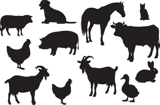Variety of farm animal silhouettes including sheep, pigs, horses, cows, chickens, goats, rabbits, and ducks, ideal for agricultural or rural-themed designs