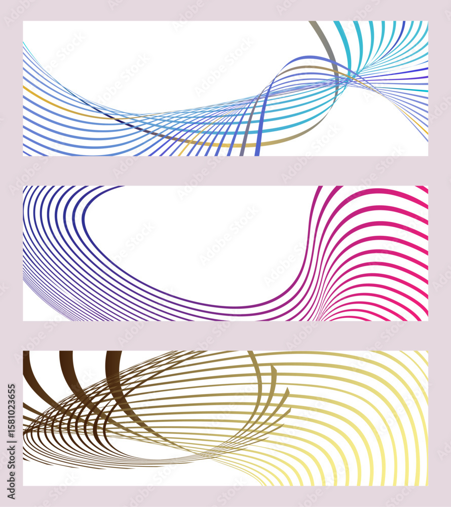 Poster wavy lines or ribbons. set of 3 backgrounds. multicolored striped gradient. creative unusual backgro