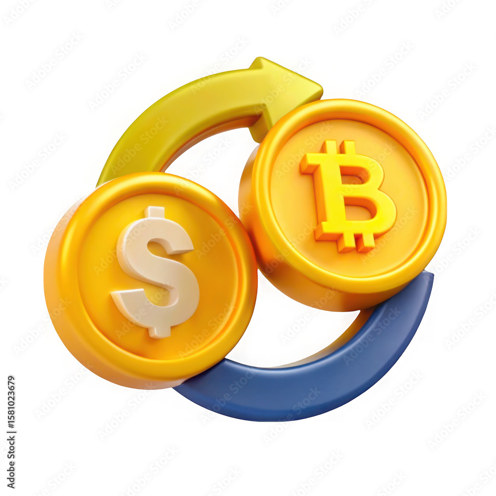 Poster dollar and bitcoin coins interacting with circular arrows isolated on transparent background