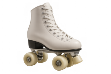 White classic roller skate, four-wheeled design, laced upper, gliding against transparent background, ready for graphic projects