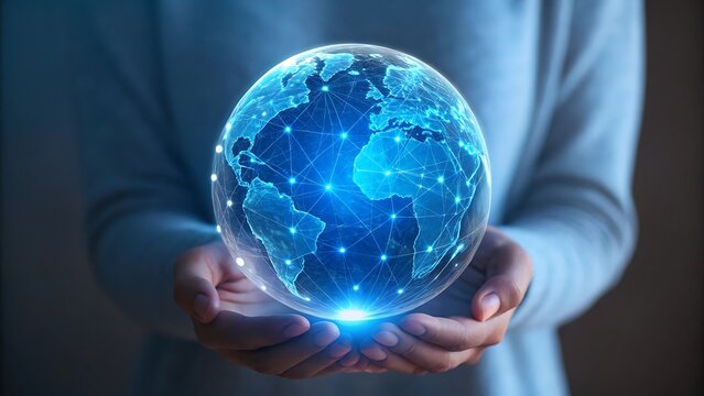 Person holding a glowing digital earth with interconnected lines and bright nodes representing global network technology