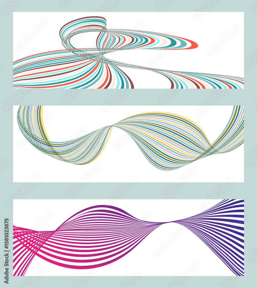 Poster wavy lines or ribbons. set of 3 backgrounds. multicolored striped gradient. creative unusual backgro