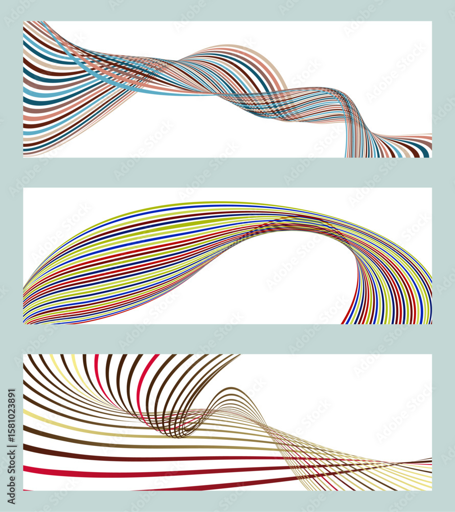 Poster wavy lines or ribbons. set of 3 backgrounds. multicolored striped gradient. creative unusual backgro