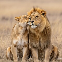 Obraz premium Lioness Affectionately Nuzzling Male Lion in Golden Grassland 1