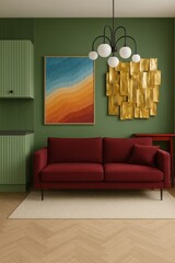 A living room with a red couch and a gold framed painting on the wall. The room has a modern and colorful design
