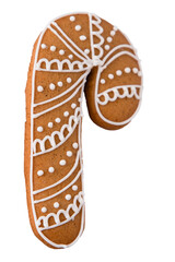 Gingerbread Candy Cane decorated with white sugar glaze isolated on white background. Christmas cookies.